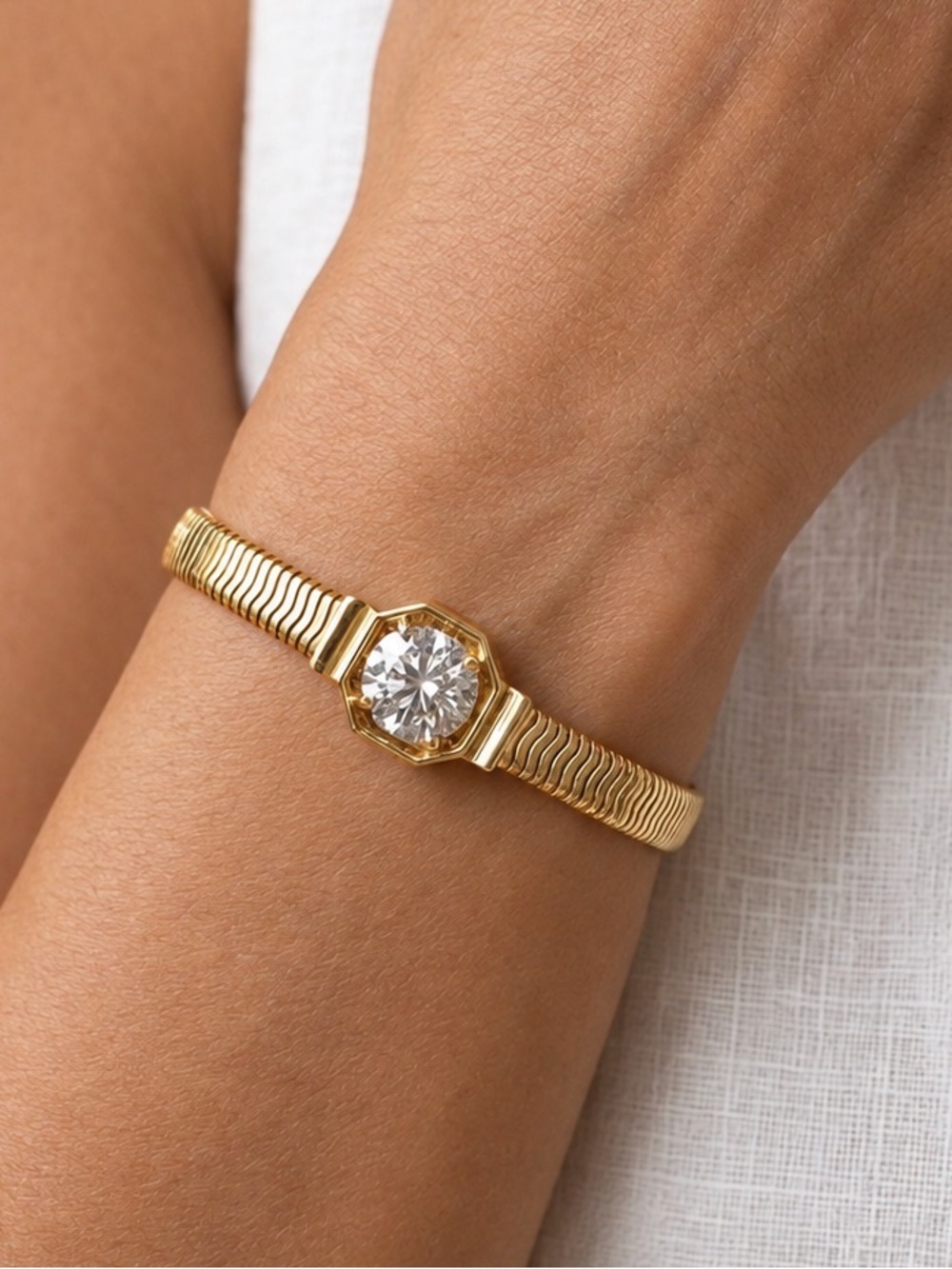 14K Gold Plated Herringbone Chain Bracelet w/ CZ Octagon Charm | Elegant Jewelry